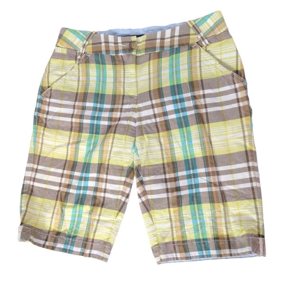 Lands End Bermuda Chino Shorts Size 2P Plaid Brown Green